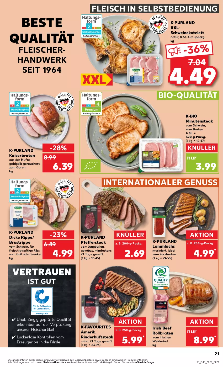 Aktueller Prospekt Kaufland - Prospekt - von 05.10 bis 11.10.2023 - strona 21 - produkty: angebot, angebote, beef, besteck, bio, braten, eis, elle, fleisch, fleisch in selbstbedienung, geschirr, gewürz, grill, hüftsteak, ilag, jungbullen, Kaiser, kotelett, lachs, lamm, natur, nuss, pfeffer, purland, rind, rinder, rollbraten, saft, schwein, schweine, schweinekotelett, steak, teller, Ti, wein, weine