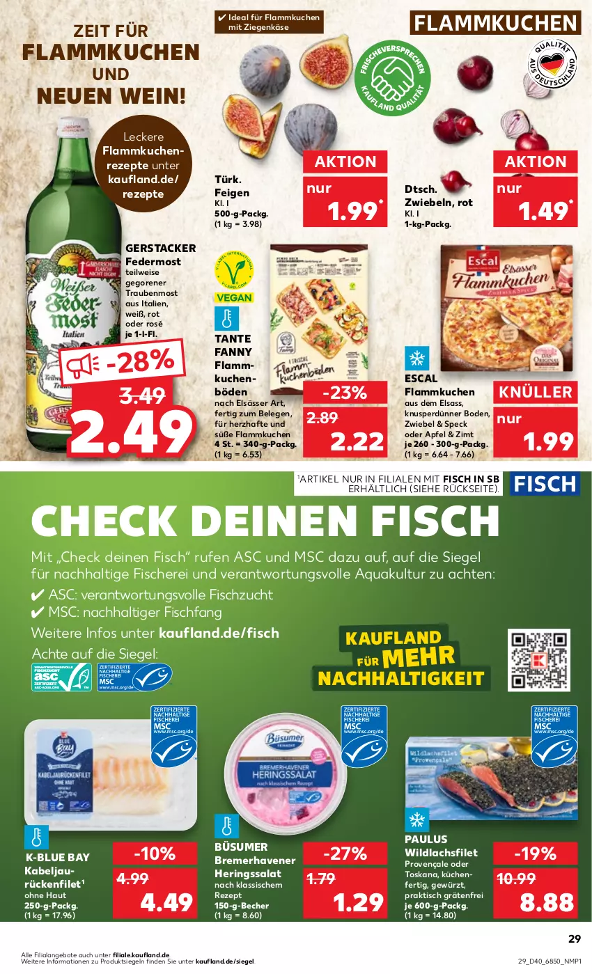 Aktueller Prospekt Kaufland - Prospekt - von 05.10 bis 11.10.2023 - strona 29 - produkty: angebot, angebote, apfel, aqua, Becher, eis, elsässer art, escal, Feigen, filet, fisch, fische, Fischer, flammkuchen, gewürz, hering, Herings, Käse, küche, Küchen, kuchen, lachs, lachsfilet, lamm, rezept, rezepte, ring, salat, Schere, Speck, tante fanny, Ti, tisch, trauben, wein, Wild, wildlachs, ziegenkäse, zwiebel, zwiebeln