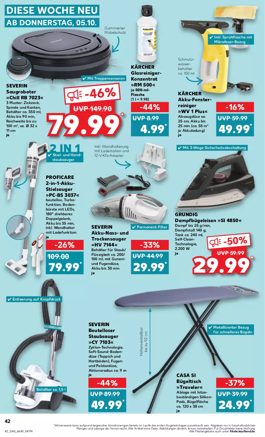 Aktueller Prospekt Kaufland - Prospekt - von 05.10 bis 11.10.2023 - strona 42 - produkty: adapter, akku, angebot, angebote, Behälter, beutel, bügel, Bügeleisen, bügeltisch, bürste, dampfbügeleisen, eis, elle, fenster, flasche, Glasreiniger, grundig, handstaubsauger, Kärcher, leds, LG, mikrofaser, möbel, reiniger, Saugroboter, Schal, severin, sprühflasche, staubsauger, Stielsauger, teppich, Ti, tisch, Trockensauger, wandhalterung, wasser, ZTE