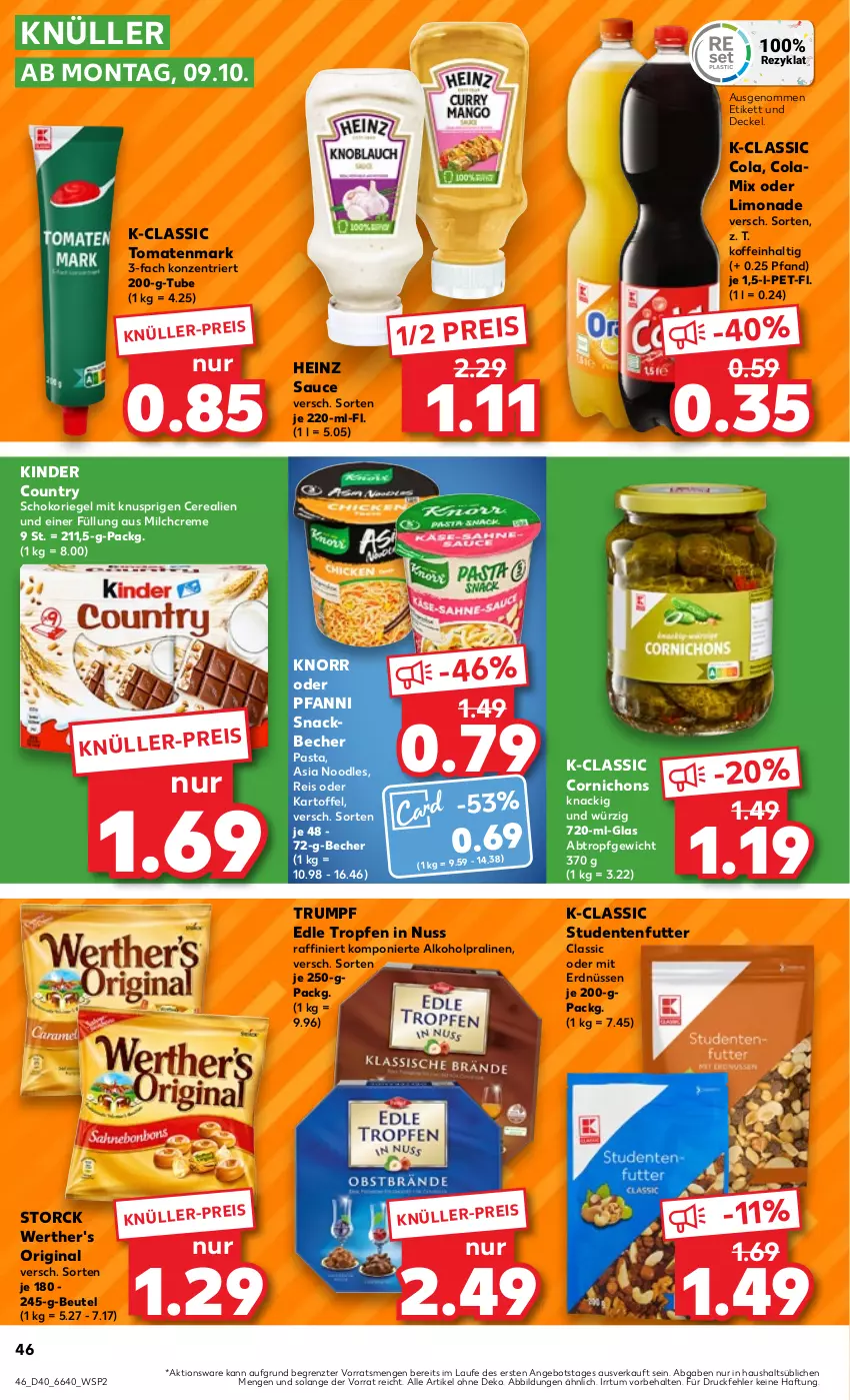 Aktueller Prospekt Kaufland - Prospekt - von 05.10 bis 11.10.2023 - strona 46 - produkty: alkohol, angebot, Becher, beutel, cerealien, cola, creme, decke, Deckel, eis, ente, erdnüsse, erdnüssen, gin, heinz, kartoffel, Kinder, kinder country, knorr, limo, limonade, milch, nuss, pasta, pfanni, pralinen, reis, riegel, rum, sauce, schoko, schokoriegel, snack, storck, studentenfutter, Ti, tomate, tomaten, tomatenmark, werther's, ZTE