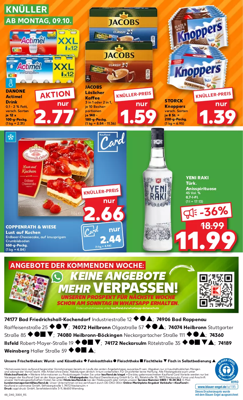 Aktueller Prospekt Kaufland - Prospekt - von 05.10 bis 11.10.2023 - strona 48 - produkty: actimel, actimel drink, angebot, angebote, Astra, Bad, Becher, bio, cheesecake, coppenrath, danone, danone actimel drink, drink, drucker, eis, Engel, erde, feinkost, feinkosttheke, fisch, fischtheke, fleisch, jacobs, kaffee, Käse, käsetheke, kerze, knoppers, kuchen, LG, löslicher kaffee, Lust auf Kuchen, rum, storck, Ti, wein, wurst, yeni raki, ZTE