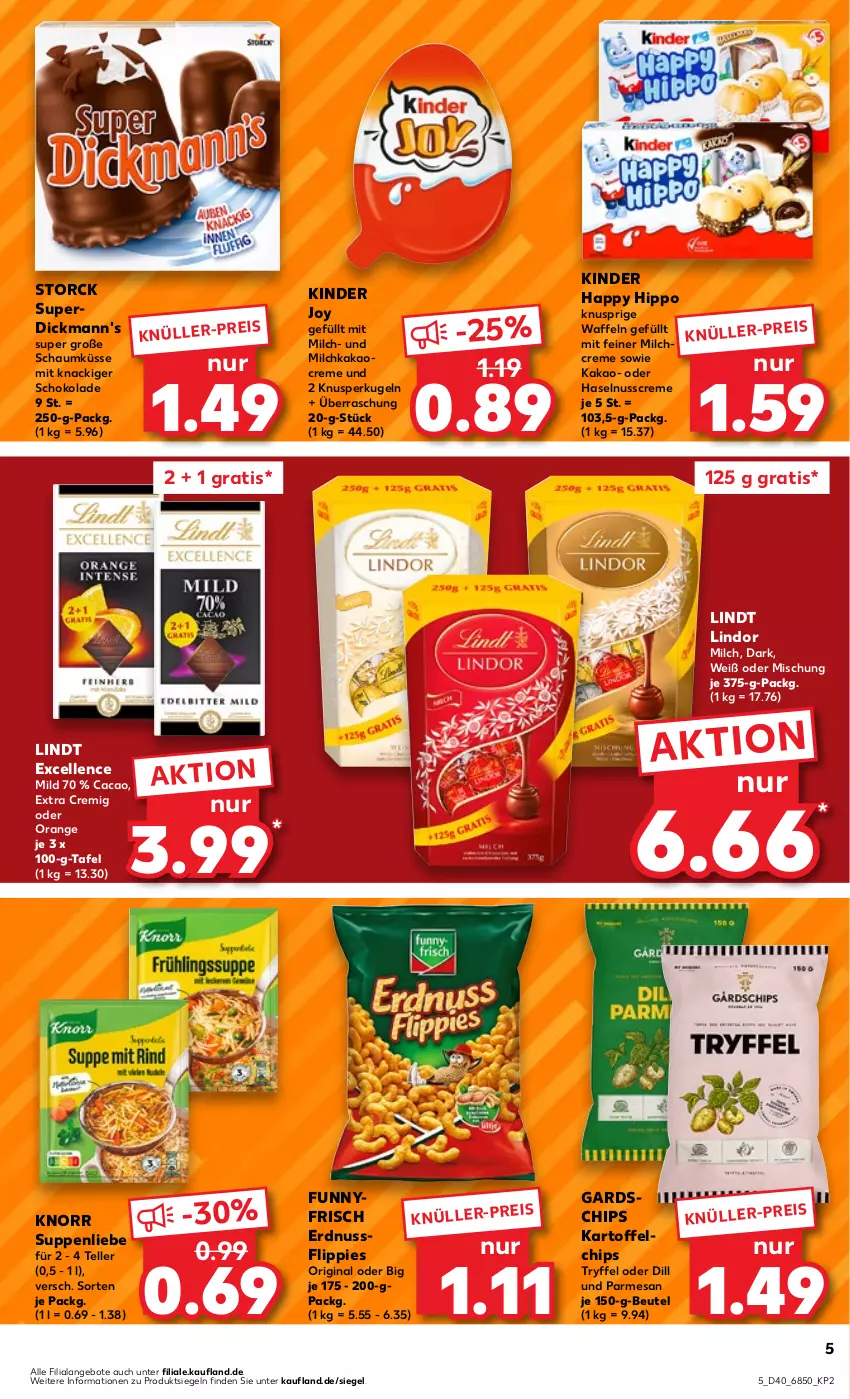 Aktueller Prospekt Kaufland - Prospekt - von 05.10 bis 11.10.2023 - strona 5 - produkty: angebot, angebote, beutel, chips, creme, Dickmann's, eis, elle, erdnuss, flippies, gin, haselnuss, Haselnusscreme, hipp, kakao, kartoffel, kartoffelchips, Kinder, knorr, Kugel, lindor, lindt, milch, nuss, orange, schoko, schokolade, storck, suppe, suppen, suppenliebe, teller, Ti, waffeln