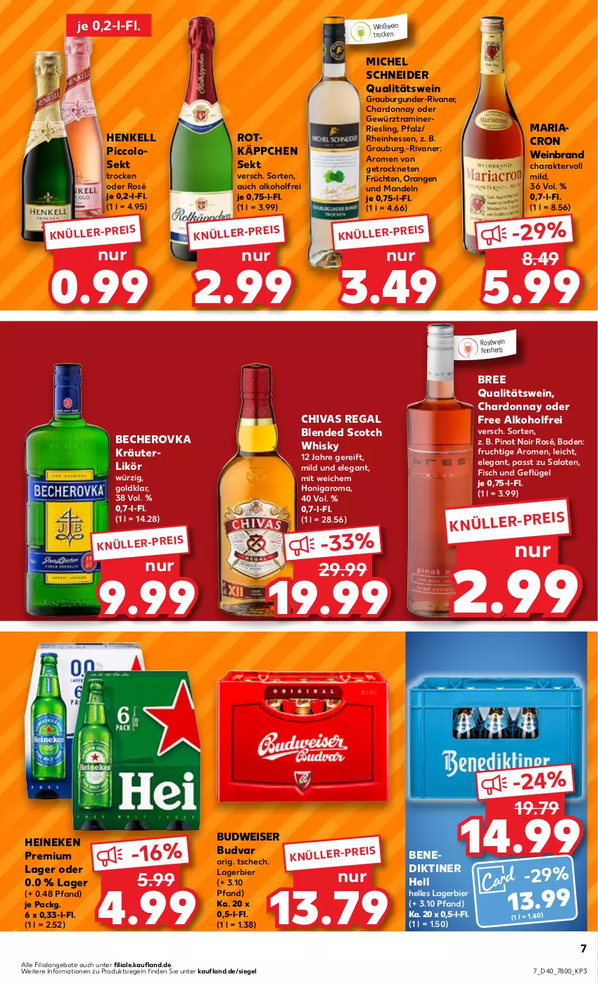 Aktueller Prospekt Kaufland - Prospekt - von 05.10 bis 11.10.2023 - strona 7 - produkty: alkohol, angebot, angebote, Bad, Becher, Becherovka, Benediktiner, bier, blended scotch, blended scotch whisky, bree, budweiser, burgunder, chardonnay, eis, elle, fisch, frucht, früchte, früchten, Geflügel, gewürz, grauburgunder, heineken, henkel, henkell, hero, honig, kräuter, kräuterlikör, Lagerbier, likör, mandel, mandeln, mariacron, Michel Schneider, orange, orangen, Pinot, pinot noir, qualitätswein, regal, Ria, riesling, Rivaner, roséwein, rotkäppchen, salat, salate, scotch, scotch whisky, sekt, Ti, wein, weinbrand, Weißwein, whisky