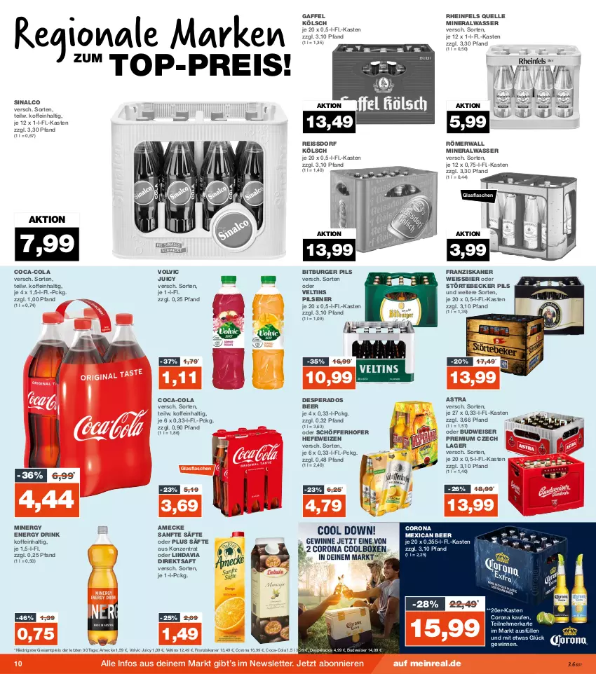 Aktueller Prospekt Real - von 30.10 bis 04.11.2023 - strona 10 - produkty: Alwa, amecke, Astra, bier, bitburger, bitburger pils, budweiser, burger, coca-cola, cola, corona, desperados, direktsaft, drink, eis, elle, energy drink, flasche, franziskaner, glasflasche, Hefe, hefeweizen, mineralwasser, pils, pilsener, reis, reiss, rheinfels quelle, saft, säfte, schöfferhofer, sinalco, ssd, Ti, top-preis, veltins, veltins pilsener, volvic, wasser, weissbier, ZTE