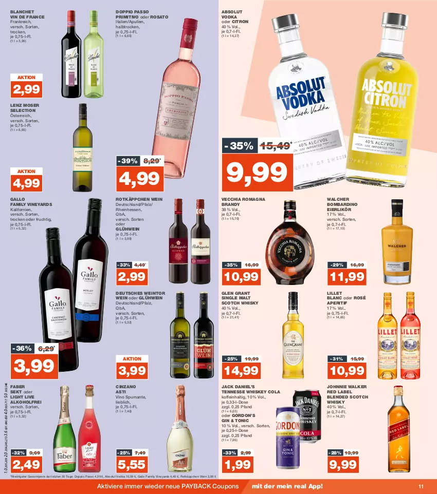 Aktueller Prospekt Real - von 30.10 bis 04.11.2023 - strona 11 - produkty: Absolut Vodka, alkohol, aperitif, asti, blended scotch, blended scotch whisky, chia, cin, cinzano, Cinzano Asti, cola, coupon, coupons, doppio passo, eier, eierlikör, eis, frucht, gallo, gallo family, gin, Glen Grant, Glühwein, gordon, Gordon’s, jack daniel, Jack Daniel’s, johnnie walker, Lenz Moser, likör, lillet, moser, passo, payback, primitivo, puma, reis, rosato, rotkäppchen, scotch, scotch whisky, sekt, single malt, spumante, Ti, tonic, Vecchia Romagna, vin de france, Vino Spumante, vodka, wein, whiskey, whisky, ZTE