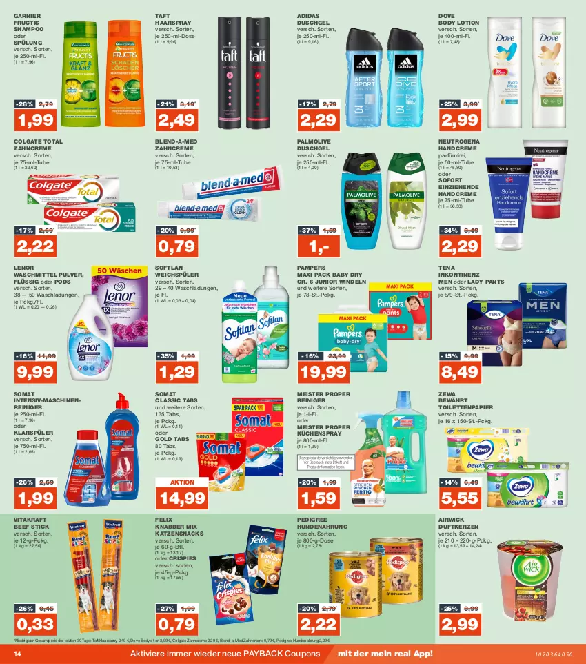 Aktueller Prospekt Real - von 30.10 bis 04.11.2023 - strona 14 - produkty: Adidas, airwick, beef, blend-a-med, body, body lotion, bodylotion, colgate, colgate total, coupon, coupons, creme, dove, Duftkerze, duschgel, eis, felix, fructis, garnier, haarspray, handcreme, hundenahrung, katzensnack, katzensnacks, kerze, klarspüler, kraft, küche, Küchen, lenor, lenor waschmittel, LG, Lotion, maschinenreiniger, Meister, meister proper, neutrogena, olive, palmolive, pampers, Pants, papier, payback, pedigree, Pods, reiniger, reis, shampoo, shampoo oder spülung, snack, snacks, Softlan, somat, spülung, Taft, Ti, toilettenpapier, vita, vitakraft, waschmittel, weichspüler, WICK, windeln, zahncreme, zewa, ZTE