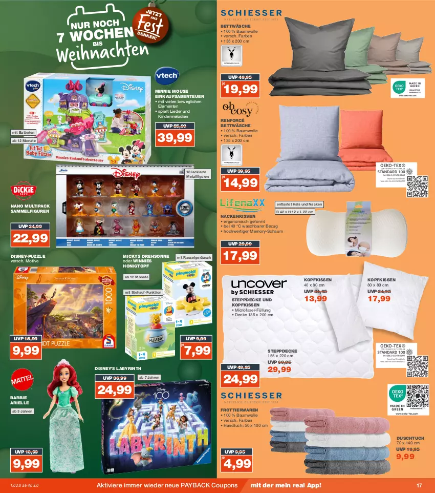 Aktueller Prospekt Real - von 30.10 bis 04.11.2023 - strona 17 - produkty: ariel, Barbie, batterie, batterien, Bau, baumwolle, bett, bettwäsche, coupon, coupons, decke, disney, duschtuch, elle, ente, handtuch, honig, Kinder, kissen, kopfkissen, lack, LG, nackenkissen, payback, Puzzle, Steppdecke, Ti, topf, tuc, wolle