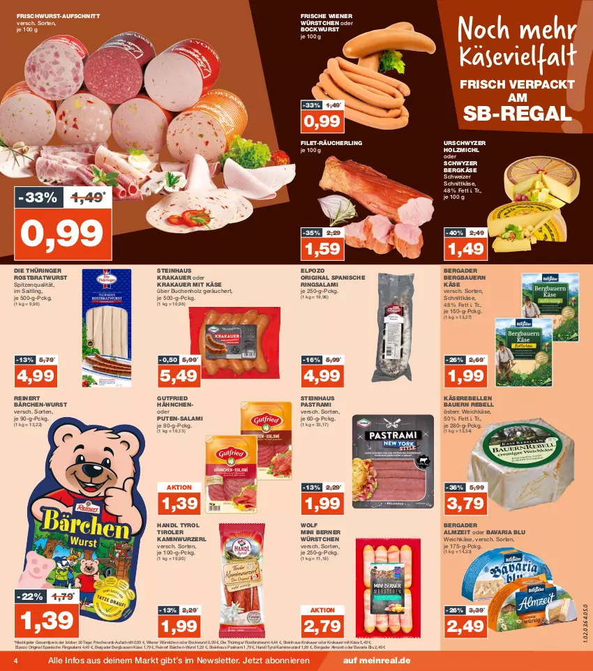 Aktueller Prospekt Real - von 30.10 bis 04.11.2023 - strona 4 - produkty: Astra, auer, aufschnitt, Bau, Bauer, bavaria blu, bergader, Bergkäse, bockwurst, bratwurst, buch, eis, elle, filet, frischwurst-aufschnitt, gin, gutfried, Holz, Kamin, Kaminwurz, Käse, Käserebellen, krakauer, pastrami, pute, Räucherling, rebell, regal, reinert, reis, Ria, ring, rostbratwurst, salami, schnittkäse, schweizer schnittkäse, spitzenqualität, steinhaus, thüringer rostbratwurst, Ti, weichkäse, wiener, wiener würstchen, wurst, würstchen, ZTE