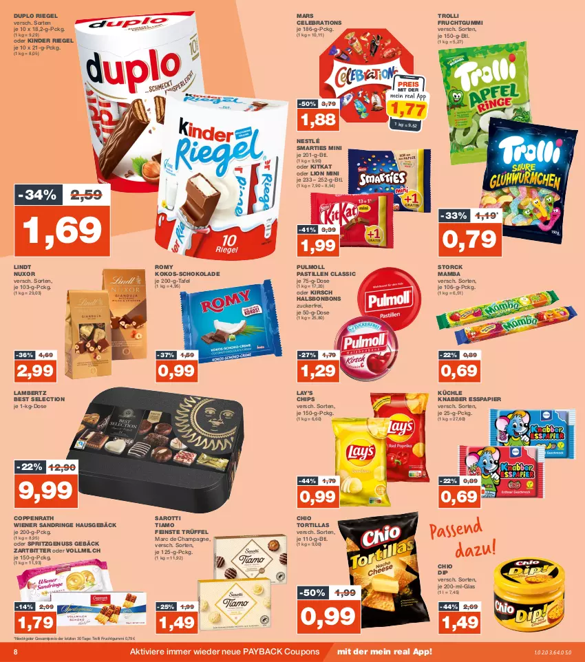 Aktueller Prospekt Real - von 30.10 bis 04.11.2023 - strona 8 - produkty: Amber, asti, bonbons, champagne, chips, coppenrath, coupon, coupons, dip, duplo, eis, frucht, fruchtgummi, Kinder, kinder riegel, kirsch, kitkat, kokos, lambertz, lindt, lion, mam, mars, milch, nestlé, nuss, papier, payback, reis, riegel, ring, saro, sarotti, schoko, schokolade, smarties, storck, Ti, tortilla, tortillas, trolli, trolli fruchtgummi, Trüffel, vollmilch, wiener, ZTE, zucker