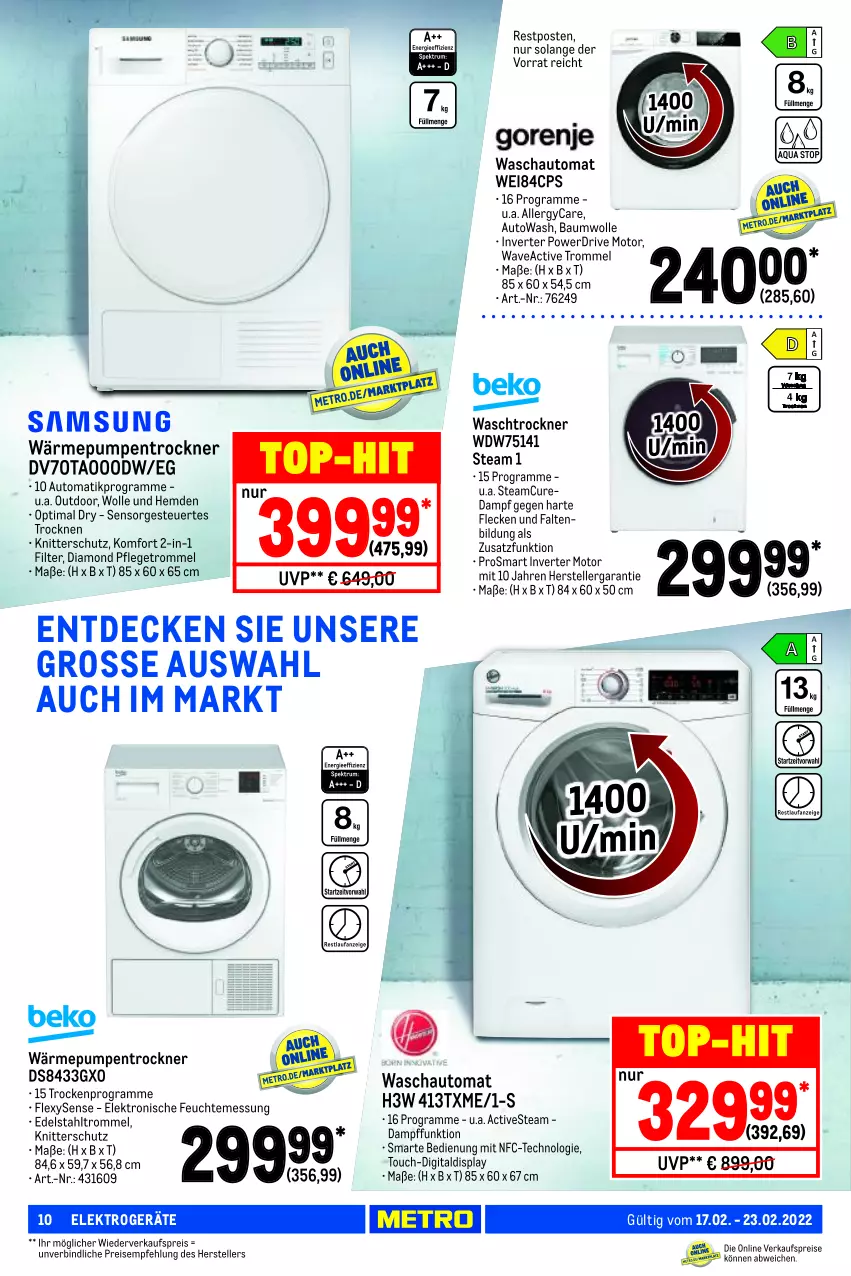 Aktueller Prospekt Metro - NonFood - von 17.02 bis 23.02.2022 - strona 10 - produkty: aldi, auto, Bau, baumwolle, decke, edelstahl, eis, Elektro, elektrogeräte, elle, hemd, hemden, reis, teller, Ti, top-hit, Trockner, trommel, wärmepumpentrockner, waschtrockner, wolle