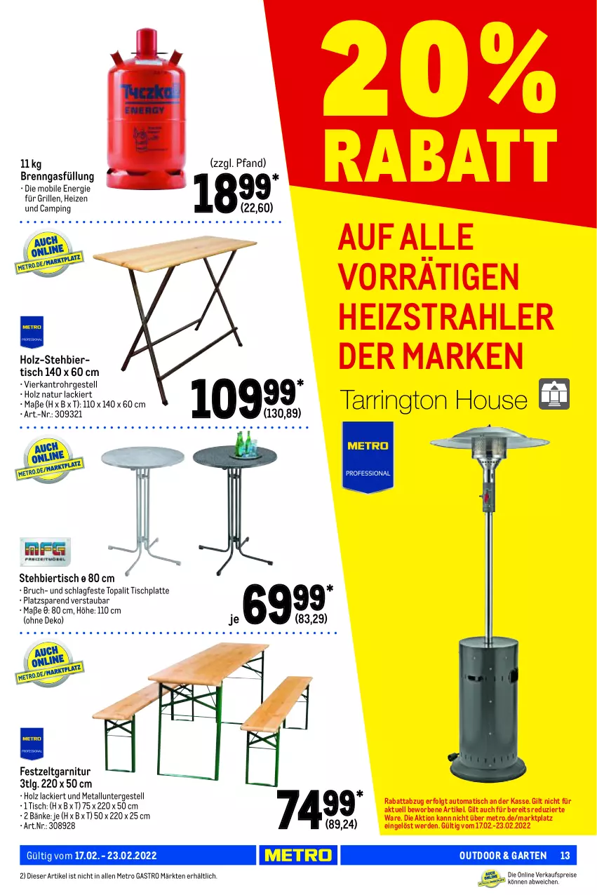 Aktueller Prospekt Metro - NonFood - von 17.02 bis 23.02.2022 - strona 13 - produkty: auto, bier, erde, garnitur, Garten, grill, Holz, HP, lack, latte, LG, Metro, metro gastro, natur, Ti, tisch, tischplatte, Zelt