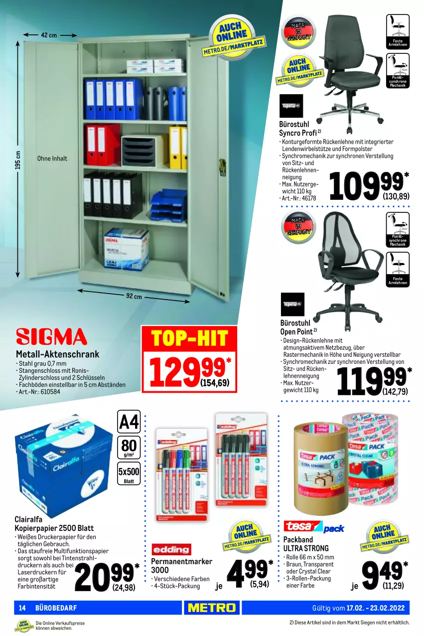 Aktueller Prospekt Metro - NonFood - von 17.02 bis 23.02.2022 - strona 14 - produkty: Aktenschrank, armlehnen, braun, drucker, kopierpapier, Laserdrucker, Packband, papier, Rauch, rückenlehne, Schrank, stuhl, Ti, top-hit