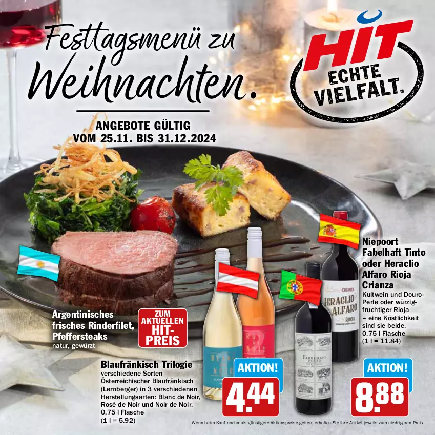 Aktueller Prospekt Hit - Feinkostbroschüre - von 25.11 bis 31.12.2024 - strona 1 - produkty: aktionspreis, angebot, angebote, Berger, eis, elle, filet, flasche, frucht, gewürz, natur, pfeffer, reis, Ria, rind, rinder, rinderfilet, rioja, steak, steaks, Ti, weihnachten, wein