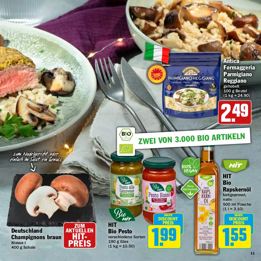 Aktueller Prospekt Hit - Feinkostbroschüre - von 25.11 bis 31.12.2024 - strona 11 - produkty: auer, beutel, bio, braun, champignon, champignons, champignons braun, discount, eis, elle, flasche, LG, nudel, Nudelgericht, nuss, parmigiano, parmigiano reggiano, pesto, reggiano, reis, Ria, salat, Schal, Schale, Ti