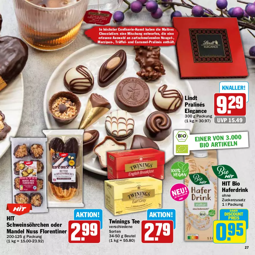 Aktueller Prospekt Hit - Feinkostbroschüre - von 25.11 bis 31.12.2024 - strona 27 - produkty: auer, beutel, bio, caramel, cola, discount, drink, eis, Florentiner, hafer, Haferdrink, lindt, mandel, marzipan, nuss, reis, schwein, tee, Ti, Trüffel, wein, zucker