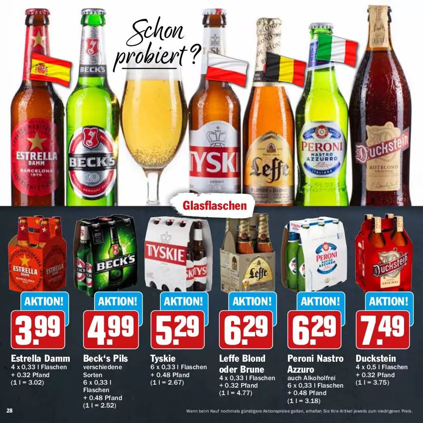 Aktueller Prospekt Hit - Feinkostbroschüre - von 25.11 bis 31.12.2024 - strona 28 - produkty: aktionspreis, alkohol, bier, Duck, eis, Estrella Damm, flasche, glasflasche, Peroni, pils, reis, rel, Ti, tyskie