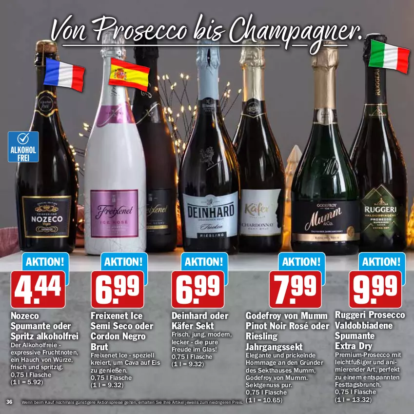 Aktueller Prospekt Hit - Feinkostbroschüre - von 25.11 bis 31.12.2024 - strona 36 - produkty: aktionspreis, alkohol, brut, Cava, champagne, champagner, ecco, eier, eis, flasche, freixenet, frucht, jahrgangssekt, käfer, Mode, mumm, nuss, Pinot, pinot noir, prosecco, puma, reis, riesling, sekt, Spezi, spumante, Ti, valdo