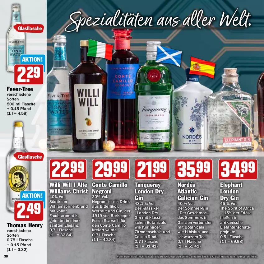 Aktueller Prospekt Hit - Feinkostbroschüre - von 25.11 bis 31.12.2024 - strona 38 - produkty: aktionspreis, bett, Birnen, Cars, drink, dry gin, eier, eis, Elefant, fever-tree, flasche, frucht, gin, glasflasche, likör, london dry, london dry gin, mac, reis, rind, Schal, Schale, Spezi, südtiroler, Tanqueray, tee, thomas henry, Ti, zitrone, zitronen