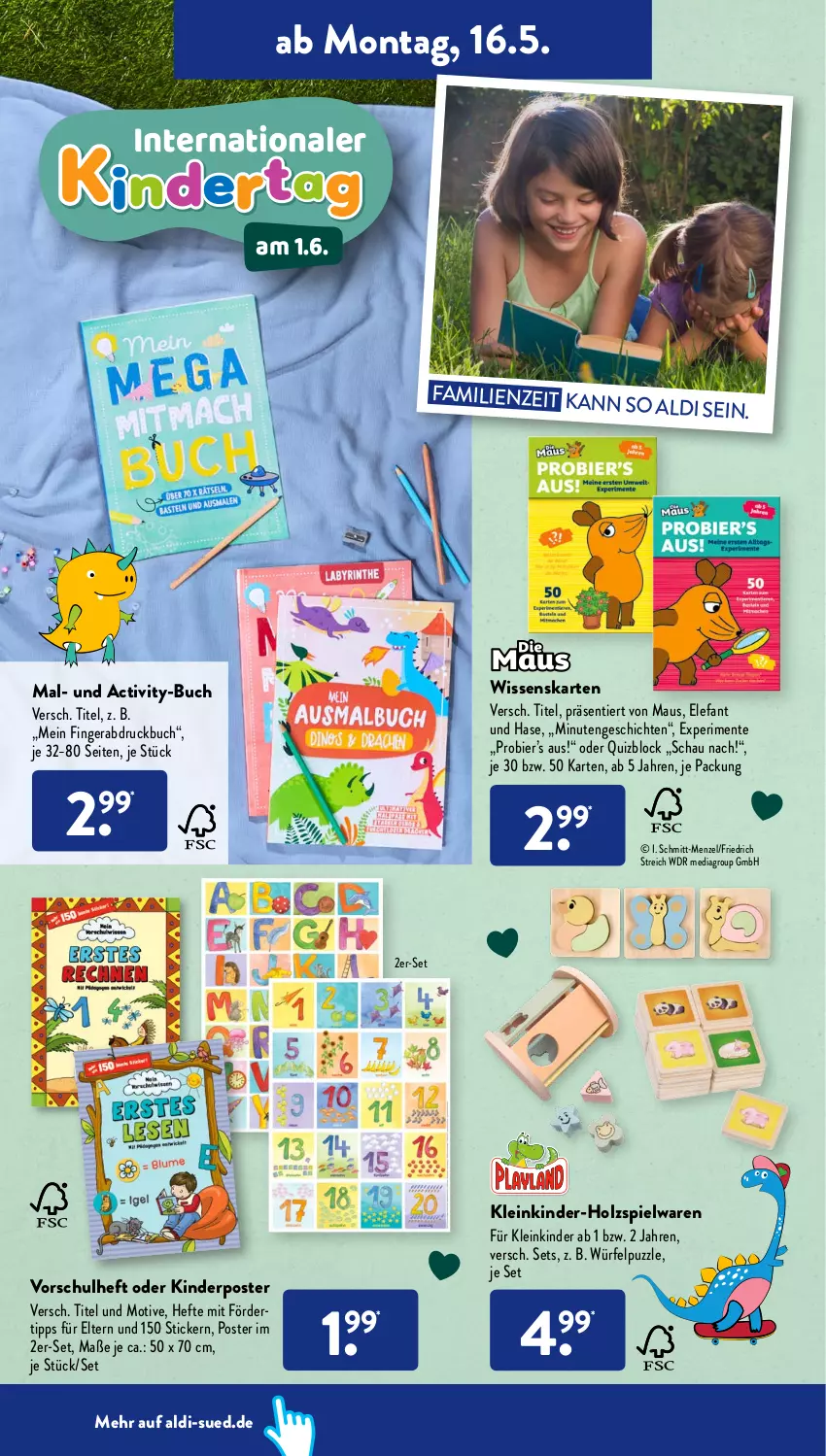 Aktueller Prospekt AldiSud - ALDI Aktuell - von 16.05 bis 21.05.2022 - strona 14 - produkty: aldi, bier, buch, Elefant, ente, Hefte, Holz, Kinder, Maus, Puzzle, spielwaren, Ti, würfel