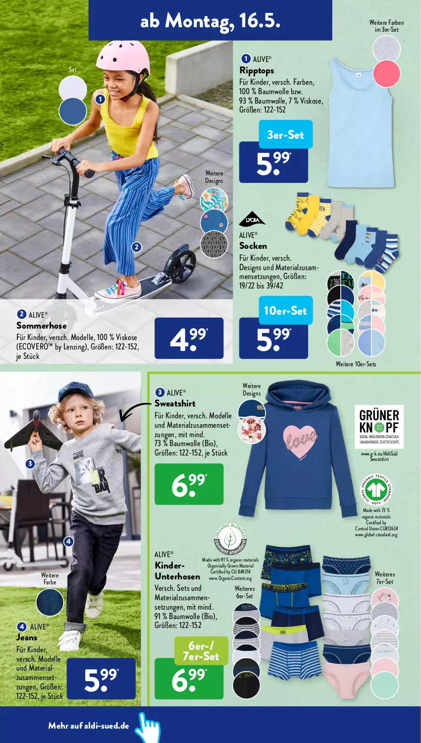 Aktueller Prospekt AldiSud - ALDI Aktuell - von 16.05 bis 21.05.2022 - strona 18 - produkty: aldi, Bau, baumwolle, bio, dell, ecovero, elle, hose, hosen, jeans, Kinder, lenzing, Mode, Ria, shirt, socken, Sweatshirt, Ti, wolle