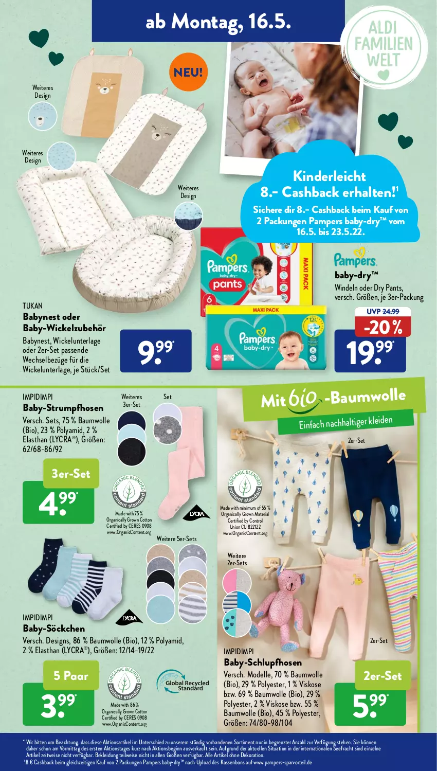 Aktueller Prospekt AldiSud - ALDI Aktuell - von 16.05 bis 21.05.2022 - strona 19 - produkty: alle artikel ohne dekoration, baby-dry, Bau, baumwolle, bio, dekoration, dell, eis, elle, gin, hose, hosen, Kinder, kleid, Kleidung, Mode, pampers, Pants, Ria, rum, söckchen, Strumpfhose, Ti, WICK, Wickelunterlage, windeln, wolle, ZTE