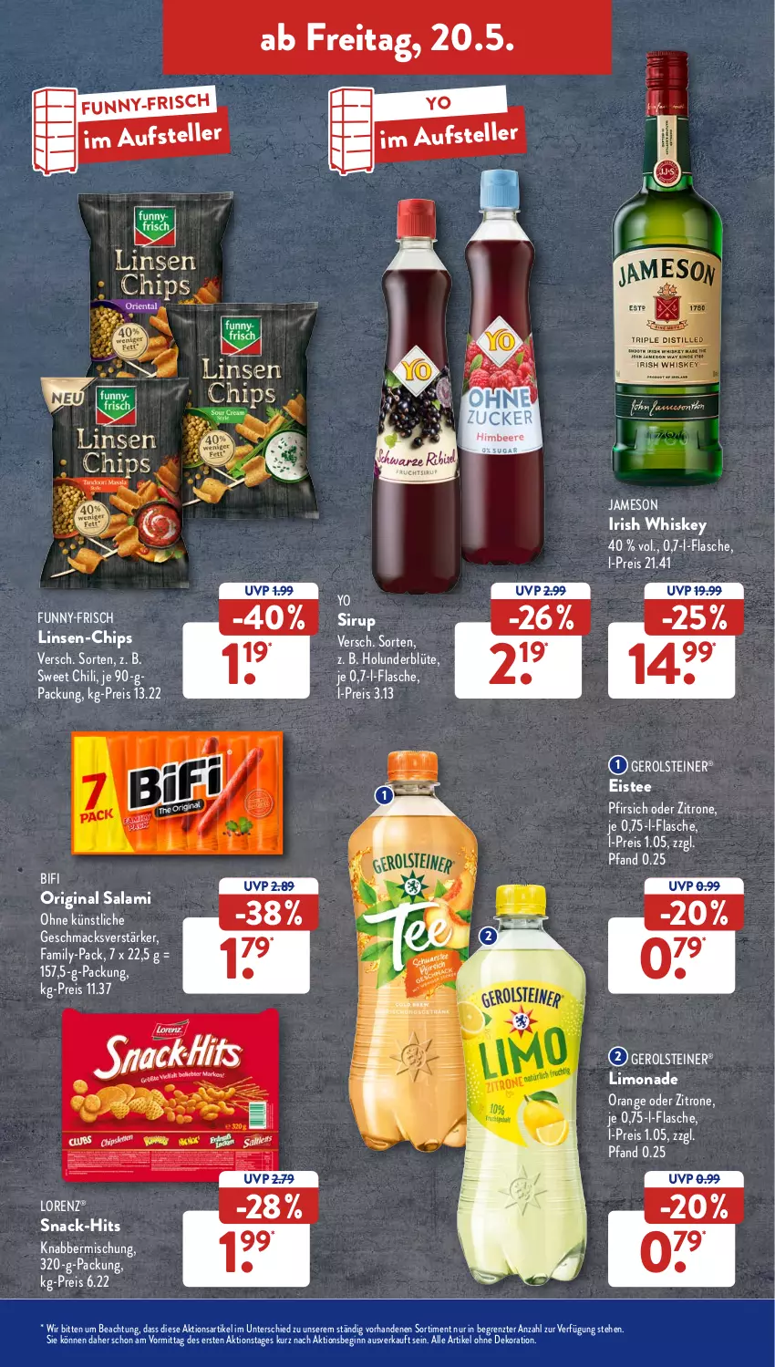 Aktueller Prospekt AldiSud - ALDI Aktuell - von 16.05 bis 21.05.2022 - strona 39 - produkty: alle artikel ohne dekoration, bifi, Blüte, chili, chips, dekoration, eis, eistee, elle, flasche, funny-frisch, gerolsteine, gerolsteiner, gin, holunder, holunderblüte, irish whiskey, jameson, limo, limonade, linsen, lorenz, mac, orange, pfirsich, reis, salami, sirup, snack, steiner, tee, teller, Ti, whiskey, Yo, zitrone, ZTE