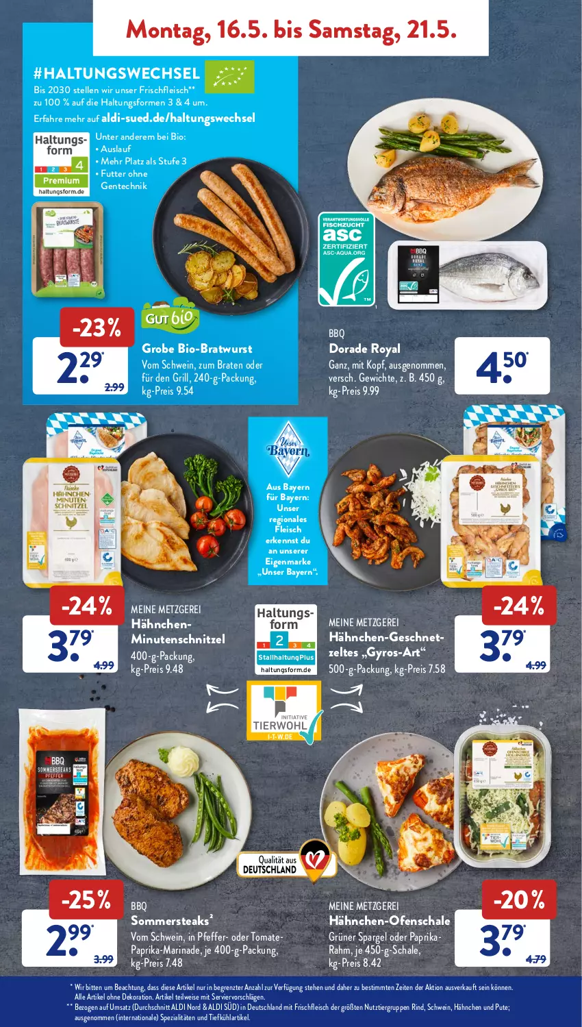 Aktueller Prospekt AldiSud - ALDI Aktuell - von 16.05 bis 21.05.2022 - strona 4 - produkty: aldi, alle artikel ohne dekoration, bio, braten, bratwurst, dekoration, Dorade, dorade royal, eis, elle, ente, fleisch, geschnetzeltes, grill, grüner spargel, gsw, gyros, marinade, minutenschnitzel, Ofen, paprika, pfeffer, pute, reis, rind, Schal, Schale, schnitzel, schwein, spargel, Spezi, steak, steaks, Ti, tomate, wein, wurst, Zelt, ZTE