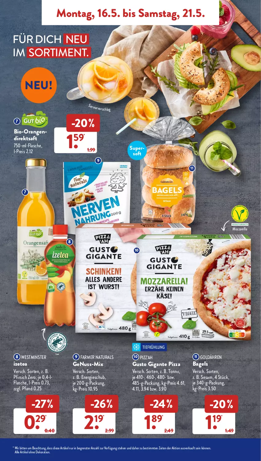 Aktueller Prospekt AldiSud - ALDI Aktuell - von 16.05 bis 21.05.2022 - strona 7 - produkty: alle artikel ohne dekoration, Bagel, bio, dekoration, direktsaft, eis, flasche, mozzarella, natur, natura, nuss, orange, orangen, pfirsich, pizza, reis, rel, saft, sesam, Ti, ZTE