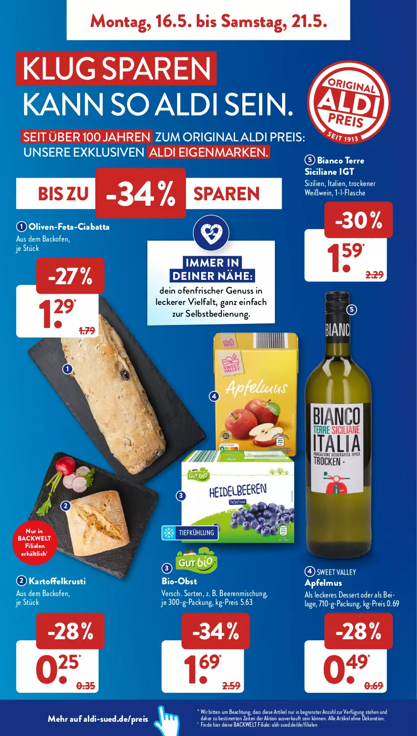 Aktueller Prospekt AldiSud - ALDI Aktuell - von 16.05 bis 21.05.2022 - strona 8 - produkty: aldi, alle artikel ohne dekoration, apfel, apfelmus, backofen, beere, beeren, bio, Bio-Obst, ciabatta, dekoration, dessert, eis, feta, flasche, gin, kartoffel, nuss, obst, Ofen, olive, oliven, reis, Ti, wein, Weißwein, ZTE