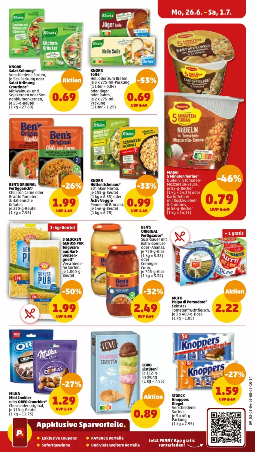 Aktueller Prospekt Penny - Prospekte - von 26.06 bis 01.07.2023 - strona 9 - produkty: ananas, auer, Ben’s Original, beutel, blume, blumen, braten, broccoli, chili, cookie, cookies, coupon, coupons, curry, eis, Eistüten, fertiggericht, fleisch, frucht, fruchtfleisch, gin, knoppers, knorr, kräuter, Maus, milka, Mutti, nuss, oreo, penne, riegel, risotto, salat, sauce, schinken, soja, storck, tee, Ti, tomate, tomaten, Tüte, veggie, walnuss