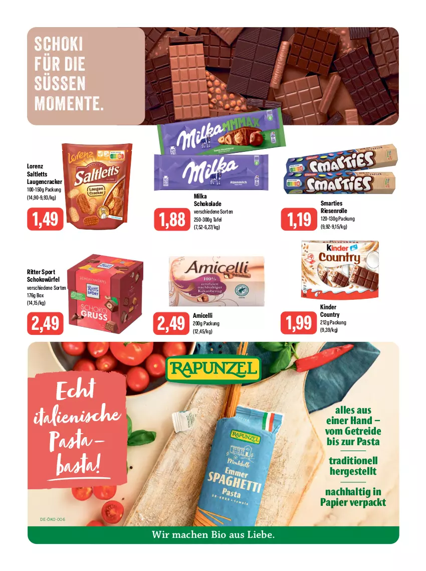 Aktueller Prospekt Feneberg - Prospekte - von 09.11 bis 11.11.2023 - strona 10 - produkty: amicelli, bio, cracker, ente, Kinder, kinder country, lorenz, mac, milka, milka schokolade, papier, pasta, ritter, ritter sport, saltletts, schoko, schokolade, schokowürfel, smarties, Sport, Ti, würfel