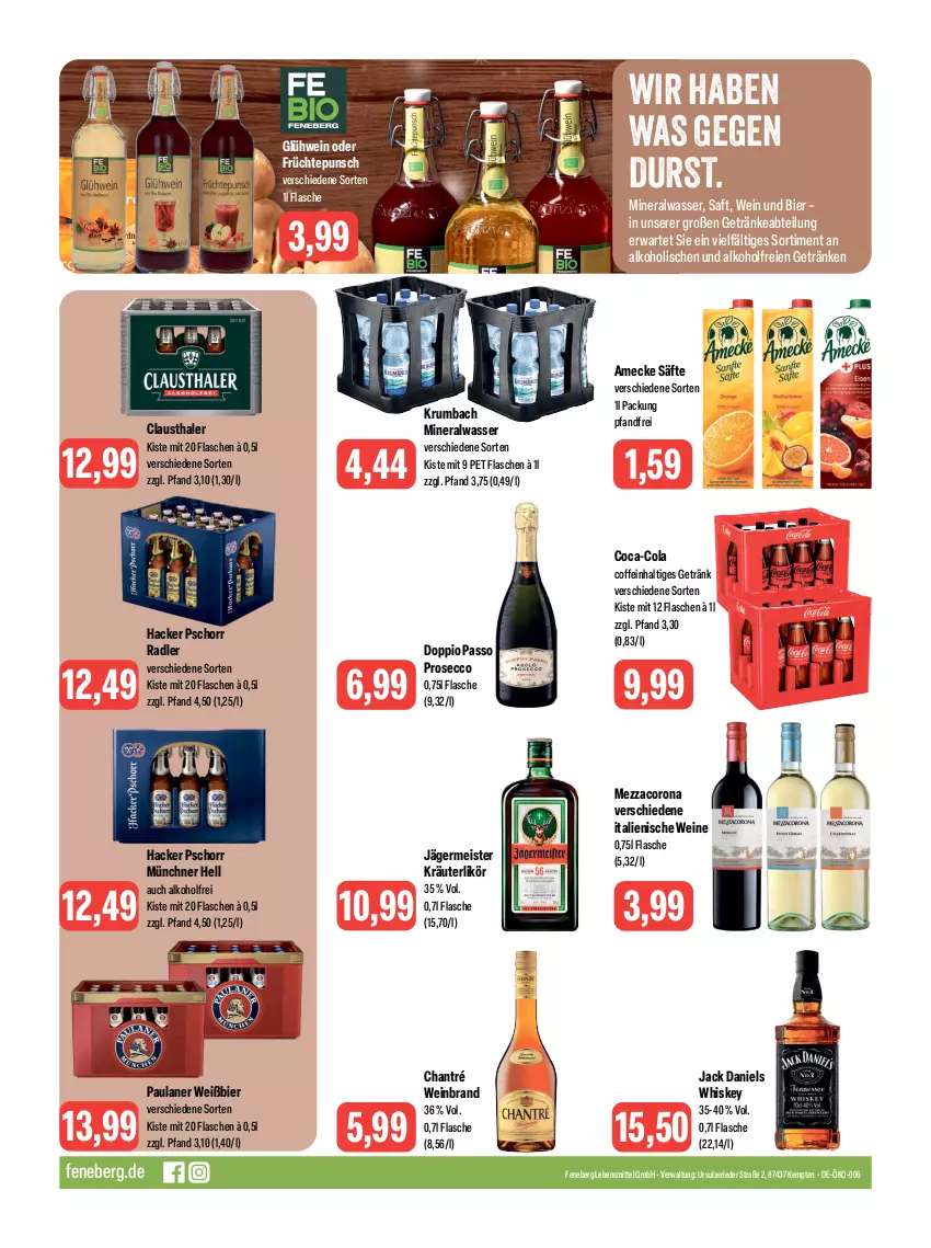 Aktueller Prospekt Feneberg - Prospekte - von 09.11 bis 11.11.2023 - strona 16 - produkty: Abtei, alkohol, Alwa, amecke, aust, bier, chantré, clausthaler, coca-cola, coffein, cola, corona, doppio passo, ecco, eis, flasche, früchte, Germ, getränk, getränke, Glühwein, hacker pschorr, jack daniel, jack daniels, jägermeister, kräuter, kräuterlikör, krumbach, lebensmittel, likör, Meister, mezzacorona, mineralwasser, passo, Paula, paulaner, prosecco, radler, rum, saft, säfte, Ti, wasser, wein, weinbrand, weine, whiskey