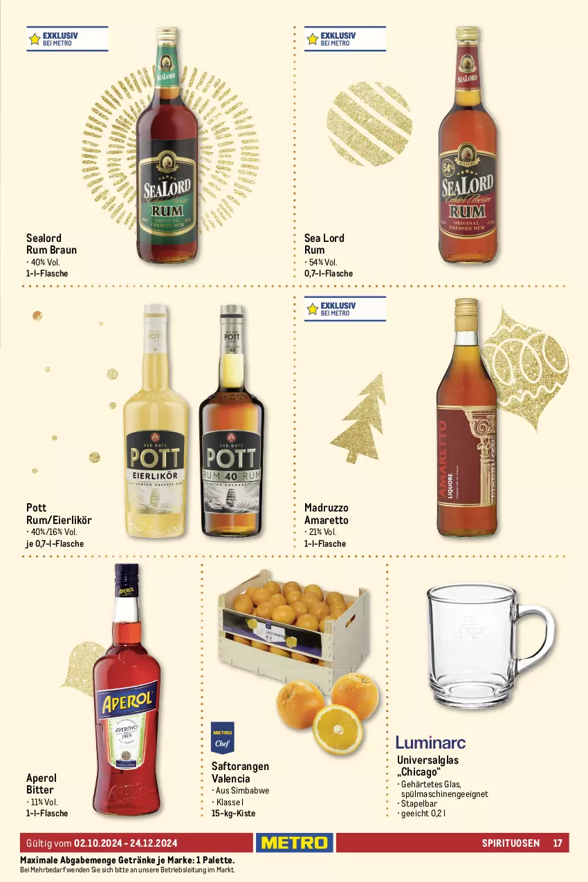 Aktueller Prospekt Metro - Genuss auf dem Weihnachtsmarkt - von 02.10 bis 24.12.2024 - strona 17 - produkty: Amaretto, aperol, baileys, braun, eier, eierlikör, ente, flasche, getränk, getränke, irish cream, LG, likör, nuss, orange, orangen, Palette, rum, saft, Saftorangen, sim, simba, spirituosen, spülmaschinen, Ti