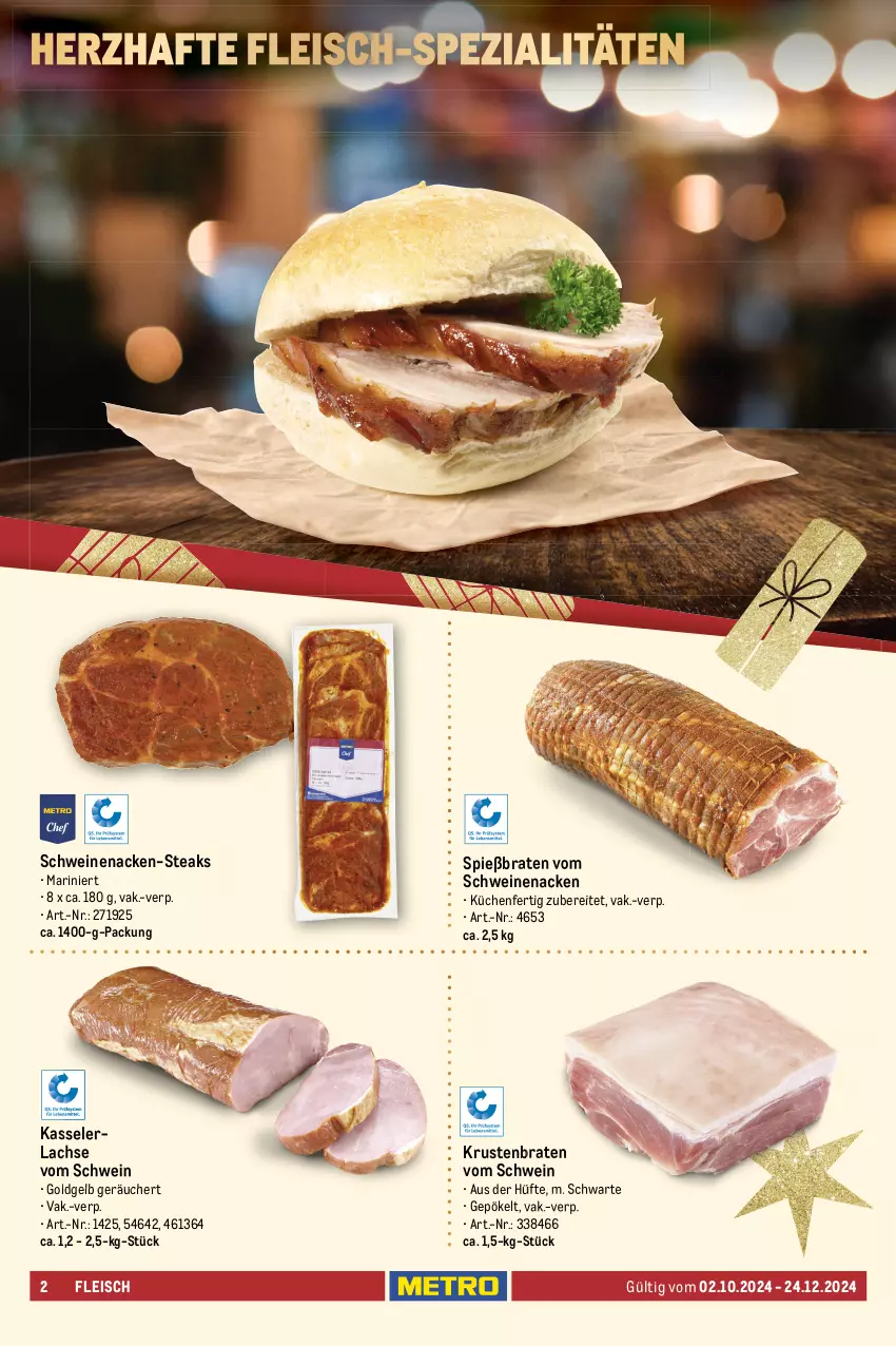 Aktueller Prospekt Metro - Genuss auf dem Weihnachtsmarkt - von 02.10 bis 24.12.2024 - strona 2 - produkty: besteck, braten, eis, elle, fleisch, gabel, geschirr, gulasch, Holz, kasseler, krustenbraten, küche, Küchen, lachs, messer, rind, rinder, Schal, Schale, schwein, schweine, schweinenacken, Serviette, servietten, Spezi, steak, steaks, teller, Ti, vom schweinenacken, wein, weine, Wild, Wildschwein