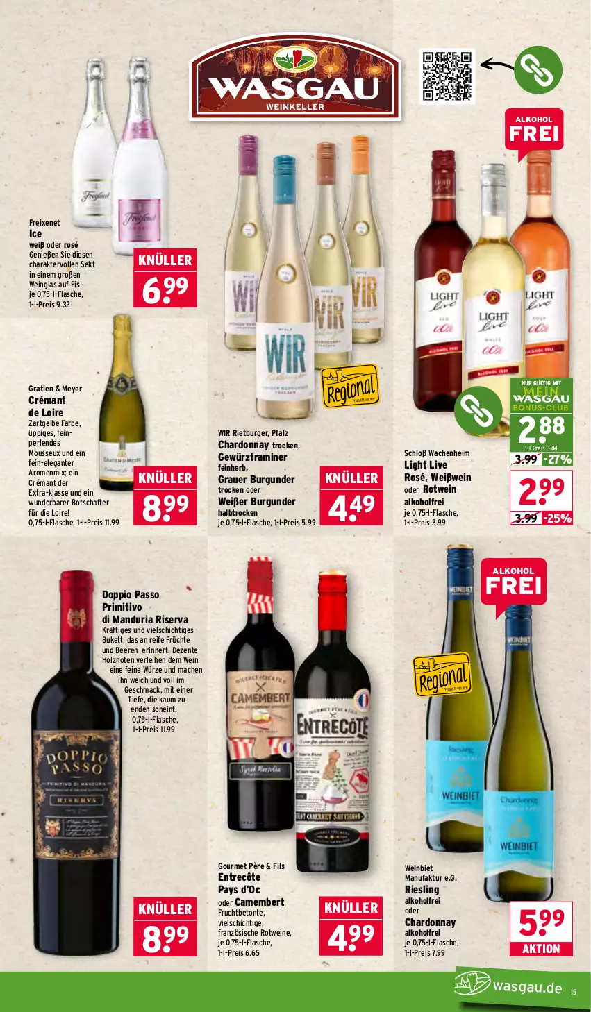 Aktueller Prospekt Wasgau - von 05.01 bis 10.01.2026 - strona 15 - produkty: alkohol, auer, beere, beeren, burger, burgunder, camembert, chardonnay, crémant de loire, doppio passo, eis, ente, entrecôte, Faktu, flasche, freixenet, frucht, früchte, gewürz, grauer burgunder, Holz, mac, mousse, passo, perlen, primitivo, reis, Ria, riesling, riserva, rotwein, sekt, Ti, wein, weine, Weißwein
