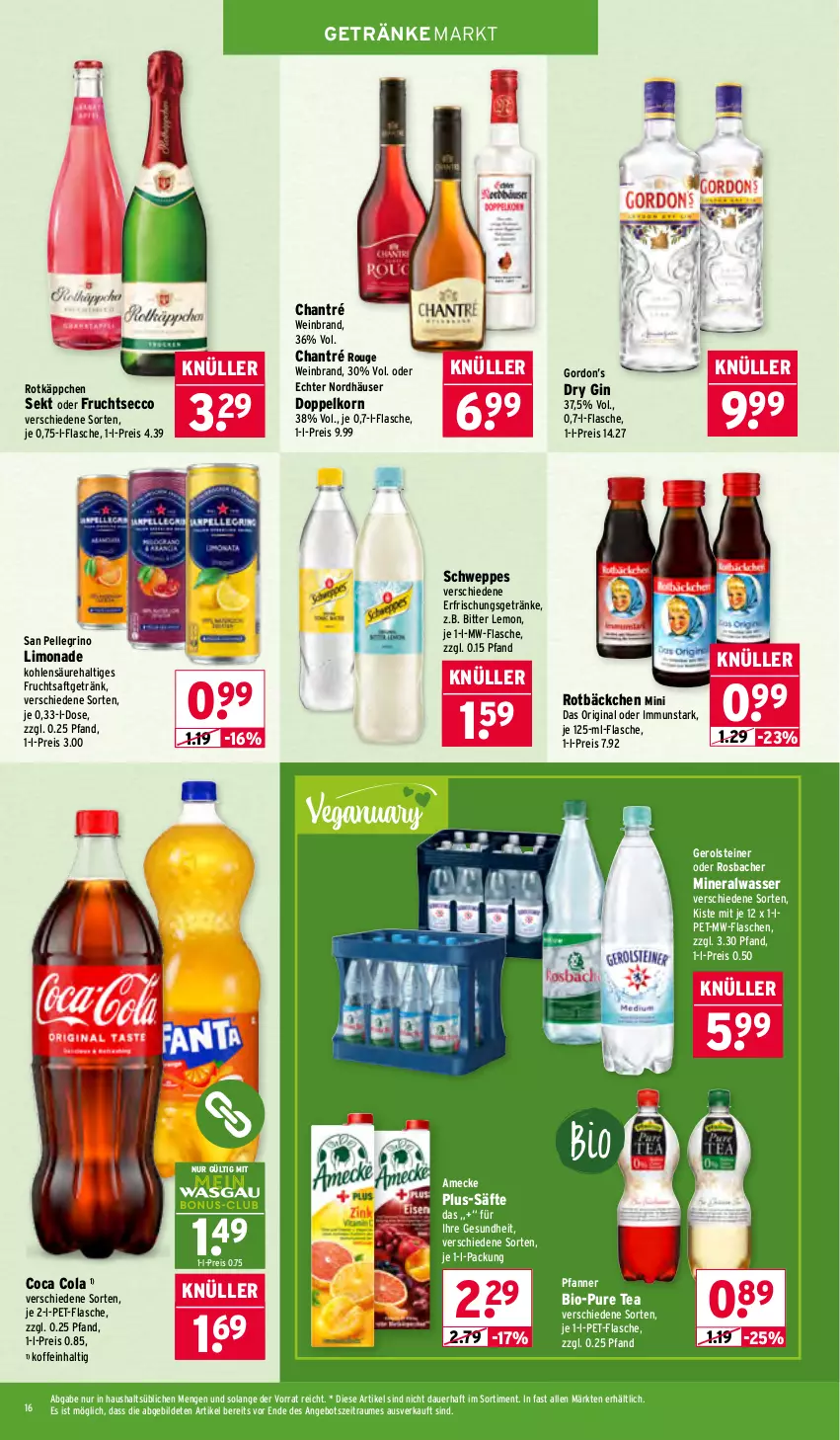 Aktueller Prospekt Wasgau - von 05.01 bis 10.01.2026 - strona 16 - produkty: Alwa, amecke, angebot, auer, bio, bitter lemon, chantré, cola, doppelkorn, dry gin, ecco, eis, elle, erfrischungsgetränk, erfrischungsgetränke, flasche, frucht, fruchtsaft, fruchtsaftgetränk, fruchtsecco, gerolsteine, gerolsteiner, Gesundheit, getränk, getränke, gin, gordon, Gordon’s, korn, limo, limonade, mineralwasser, mw-flasche, pet-flasche, pfanne, Pfanner, reis, rotkäppchen, rouge, saft, säfte, san pellegrino, schweppes, sekt, steiner, Ti, wasser, wein, weinbrand