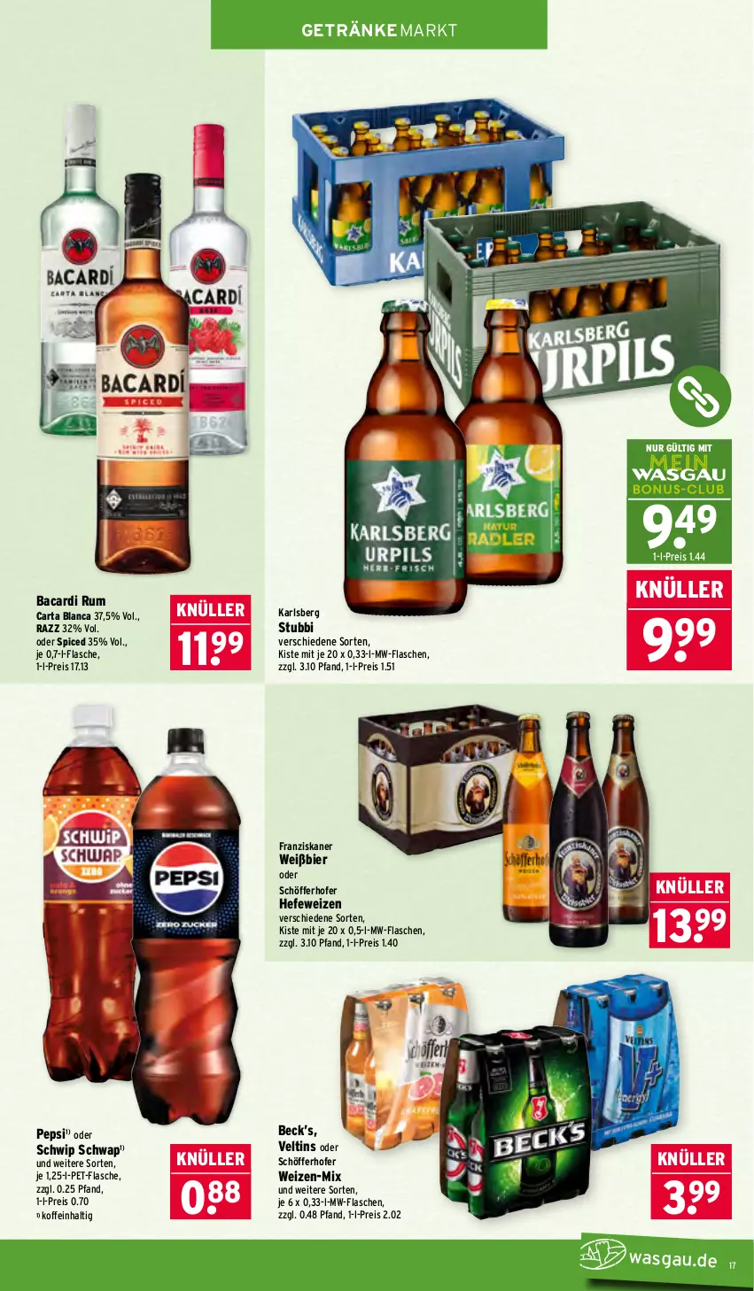 Aktueller Prospekt Wasgau - von 05.01 bis 10.01.2026 - strona 17 - produkty: bacardi, bacardi rum, bier, eis, flasche, franziskaner, getränk, getränke, Hefe, hefeweizen, karlsberg, mw-flasche, pepsi, pet-flasche, reis, rum, schöfferhofer, Schwip Schwap, Ti, veltins