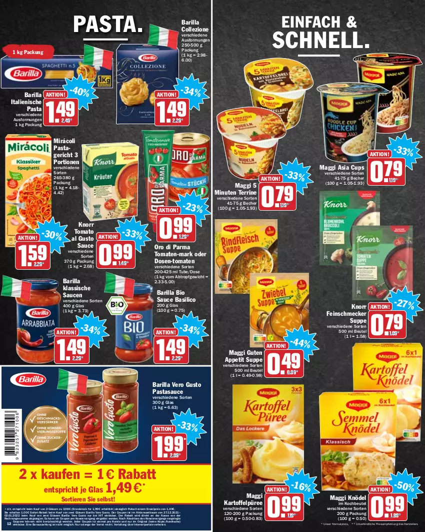 Aktueller Prospekt Hit - Prospekte - von 27.12 bis 31.12.2021 - strona 12 - produkty: barilla, basilico, Becher, beutel, bio, coupon, coupons, eis, elle, erde, feinschmecker, gin, Gläser, italienische pasta, kartoffel, Kartoffelpüree, Knödel, knorr, kochbeutel, maggi, Mirácoli, oro di parma, pasta, Pastagericht, püree, reis, sauce, saucen, sofort-rabatt, suppe, teller, terrine, Ti, Tiere, tomate, tomaten, tomato al gusto