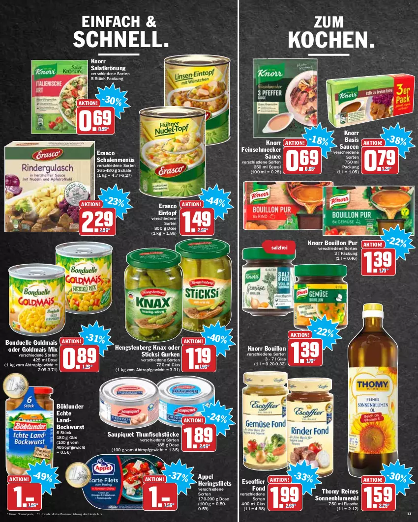 Aktueller Prospekt Hit - Prospekte - von 27.12 bis 31.12.2021 - strona 13 - produkty: beutel, blume, blumen, blumenöl, bockwurst, böklunder, bonduelle, bonduelle goldmais, eintopf, eis, elle, erasco, feinschmecker, filet, filets, fisch, flasche, Goldmais, gurke, gurken, hengstenberg, hering, Herings, heringsfilets, knorr, mais, reis, ring, salat, salatkrönung, salz, sauce, saucen, saupiquet, Schal, Schale, sonnenblume, sonnenblumen, sonnenblumenöl, teller, thomy, thunfisch, Ti, topf, wurst