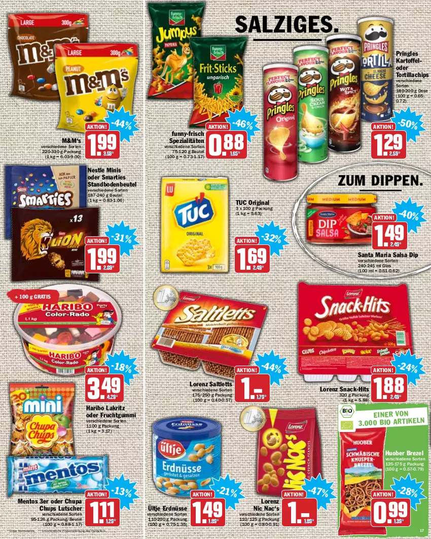 Aktueller Prospekt Hit - Prospekte - von 27.12 bis 31.12.2021 - strona 17 - produkty: beutel, brezel, chips, chupa, chupa chups, dip, eis, elle, erdnüsse, frucht, fruchtgummi, funny-frisch, gin, haribo, huober, kartoffel, Lakritz, lorenz, Lutscher, mentos, pringles, reis, Ria, ring, Salsa, saltletts, salz, smarties, snack, Spezi, teller, Ti, tortilla, tuc, ültje, ültje erdnüsse