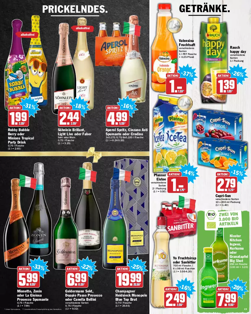 Aktueller Prospekt Hit - Prospekte - von 27.12 bis 31.12.2021 - strona 23 - produkty: alkohol, aperol, apfel, asti, brut, Cap, capri-sun, champagne, champagner, cin, cinzano, Cinzano Asti, doppio passo, drink, ecco, eis, eistee, elle, flasche, frucht, fruchtsaft, geldermann, getränk, getränke, grana, granatapfel, Happy Day, ingwer, La Gioiosa, mionetto, passo, pfanne, Pfanner, prosecco, puma, Rana, Rauch, reis, robby, saft, sekt, sirup, söhnlein, söhnlein brillant, spumante, tee, teller, Ti, valensina, wein, Yo, zonin