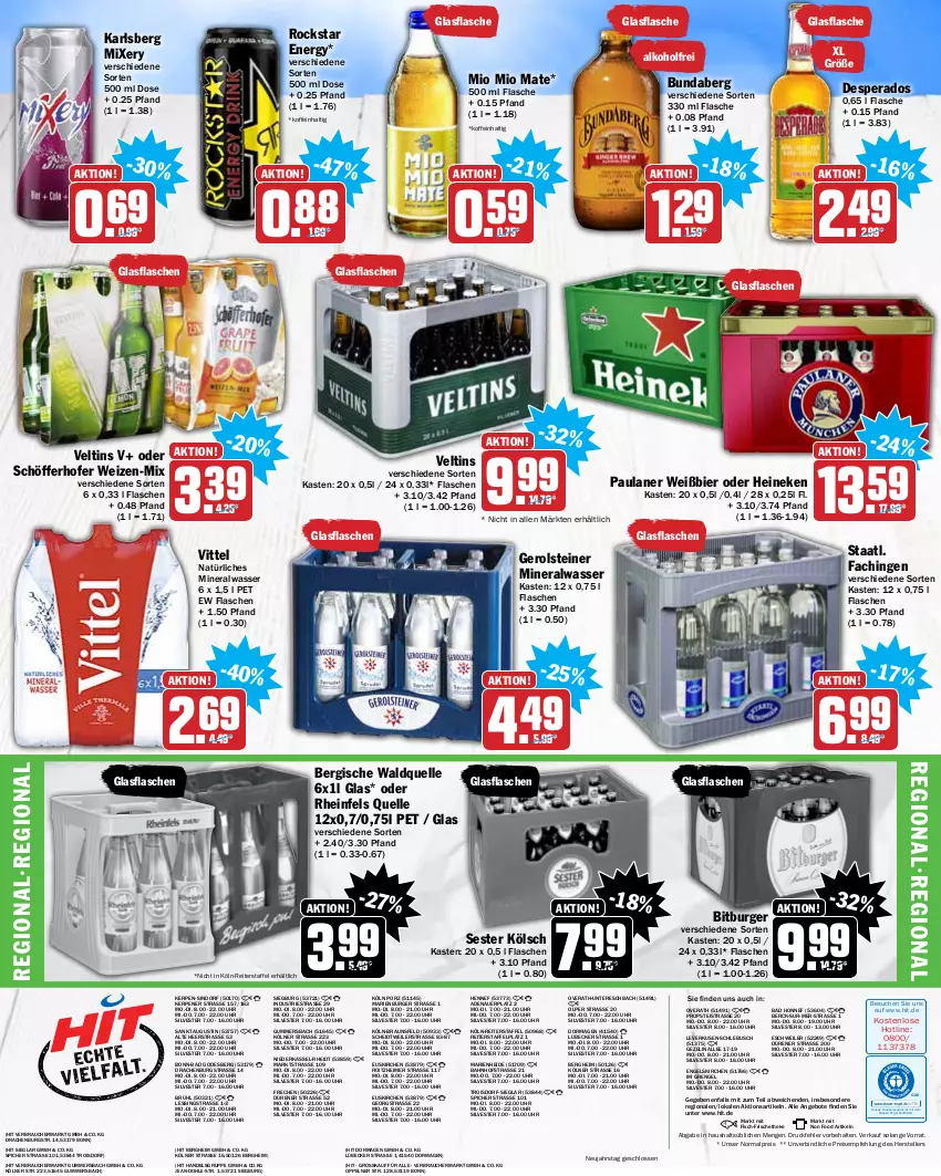 Aktueller Prospekt Hit - Prospekte - von 27.12 bis 31.12.2021 - strona 24 - produkty: alkohol, Alwa, angebot, angebote, auer, Bad, bier, bitburger, braun, Bundaberg, burger, desperados, drucker, eimer, eis, elle, Engel, fisch, flasche, gerolsteine, gerolsteiner, glasflasche, heineken, karlsberg, karlsberg mixery, kerze, Lübecker, mineralwasser, Mio Mio, Mixer, mixery, natürliches mineralwasser, Paula, paulaner, Rauch, reis, rheinfels quelle, Rockstar, schöfferhofer, Staatl. Fachingen, steiner, teller, Ti, uhr, veltins, vittel, Waldquelle, wasser