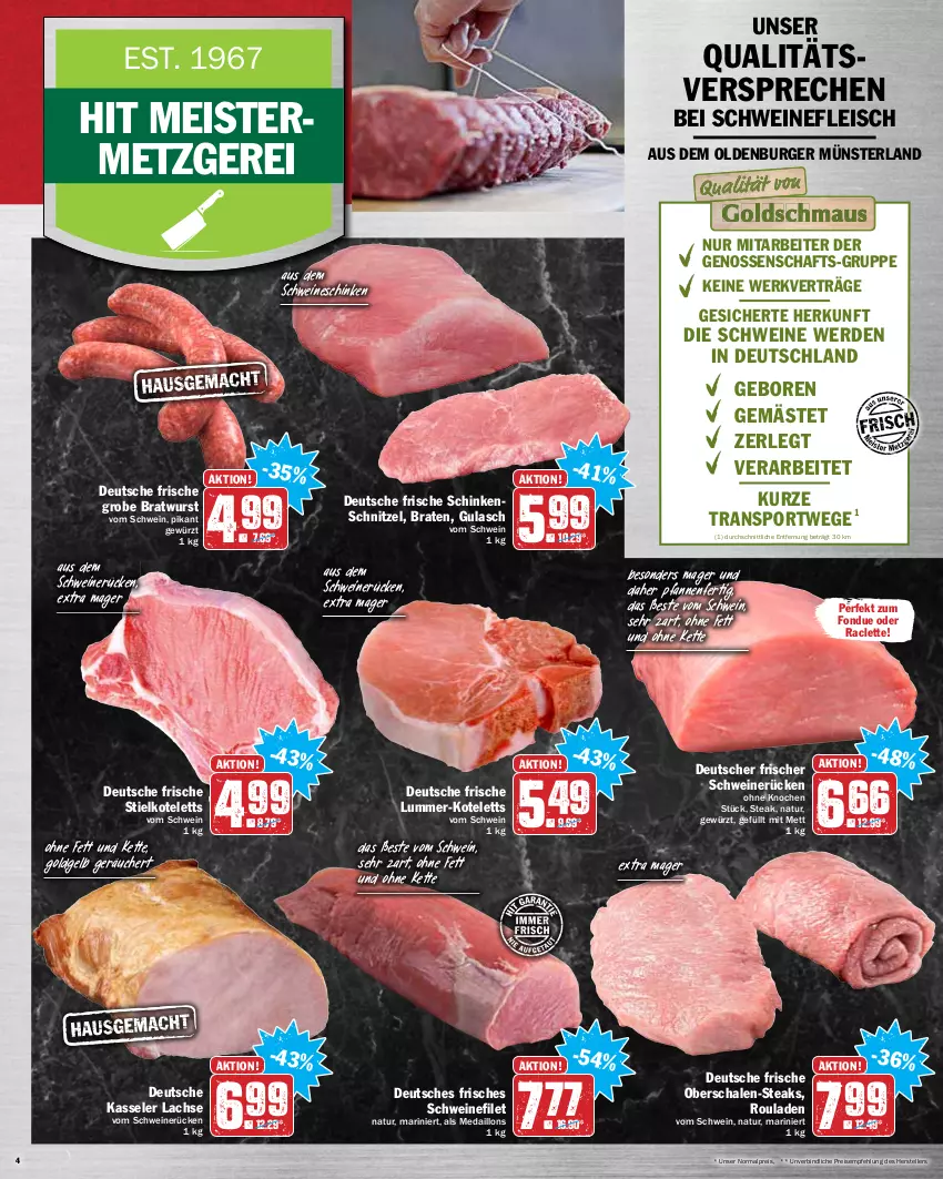 Aktueller Prospekt Hit - Prospekte - von 27.12 bis 31.12.2021 - strona 4 - produkty: braten, bratwurst, burger, eis, elle, erde, filet, fleisch, Fondue, Germ, gewürz, grobe bratwurst, gulasch, kasseler, Kette, kotelett, lachs, medaillons, Meister, Mett, natur, pfanne, pfannen, reis, rouladen, rum, saft, Schal, Schale, schinken, schinkenschnitzel, schnitzel, schwein, schweine, schweinefilet, schweinefleisch, schweinerücken, Sport, steak, steaks, teller, Ti, wein, weine, wurst