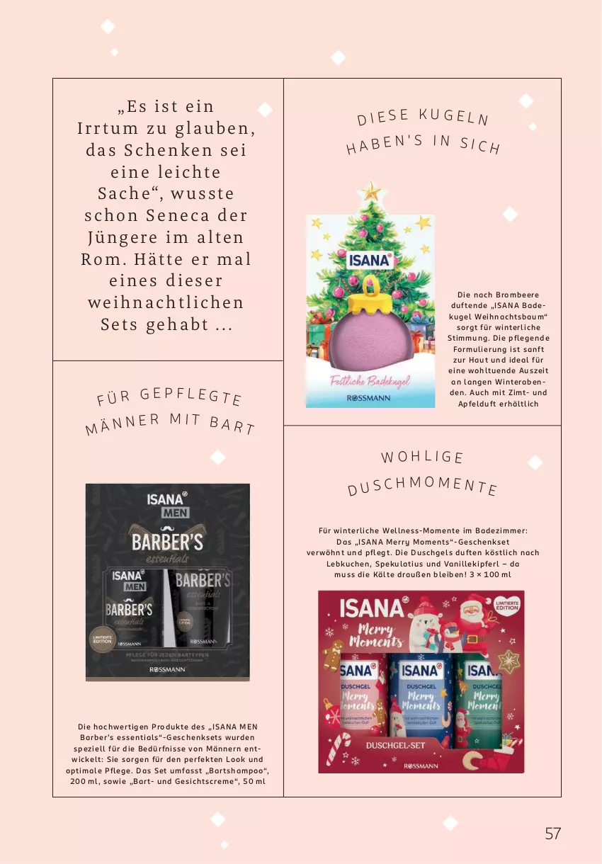 Aktueller Prospekt Rossmann - Prospekte - von 01.12 bis 31.12.2025 - strona 57 - produkty: apfel, Bad, Bau, beere, brombeere, creme, duschgel, ente, geschenkset, Gesichtscreme, isana, kuchen, Kugel, Lebkuchen, sana, shampoo, Spezi, Ti, vanille, Weihnachtsbaum, WICK