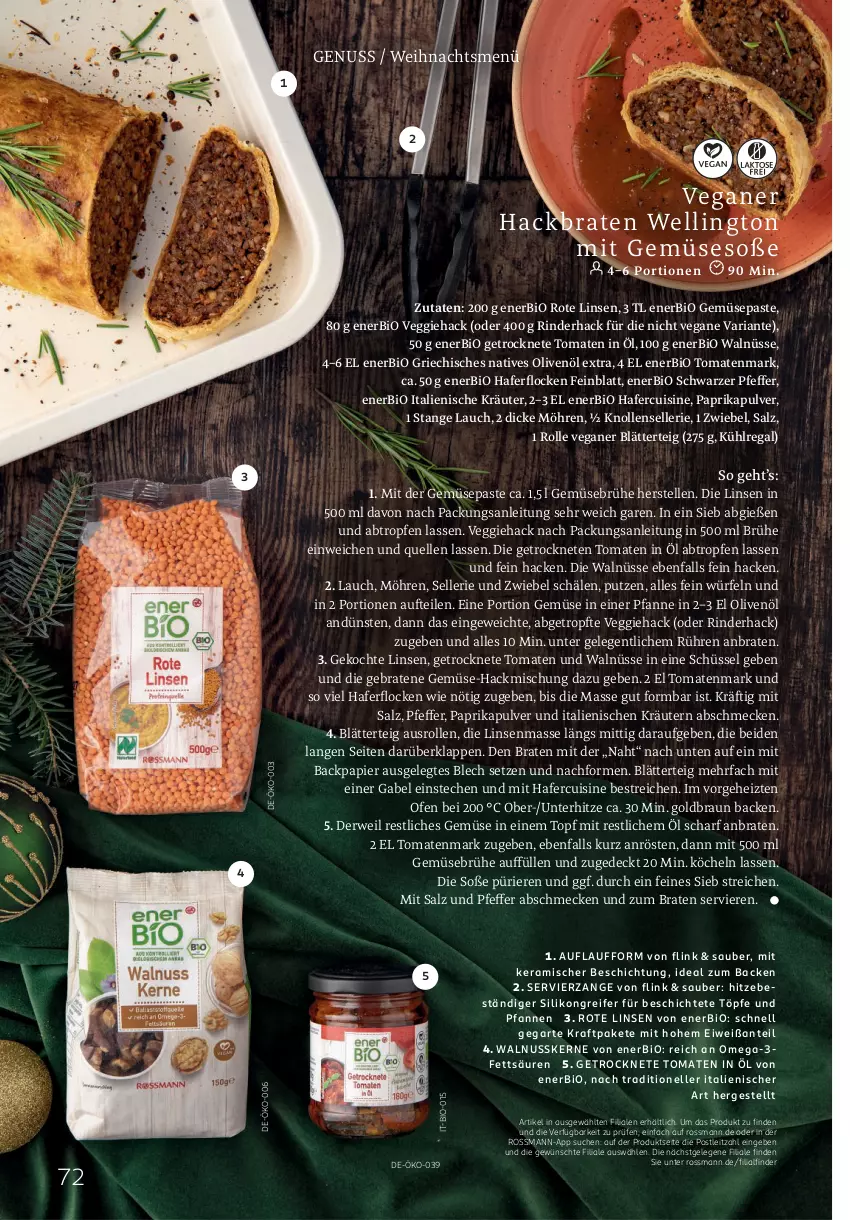 Aktueller Prospekt Rossmann - Prospekte - von 01.12 bis 31.12.2025 - strona 72 - produkty: bio, bio gemüse, blätterteig, braten, braun, Brühe, elle, gabel, Gemüsebrühe, Getrocknete Tomaten, hafer, haferflocken, kraft, kräuter, kräutern, kühlregal, leitz, linsen, mit gemüse, möhren, natives olivenöl, nuss, Ofen, olive, oliven, olivenöl, olivenöl extra, omega, Omega-3, papier, paprika, pfanne, pfannen, pfeffer, regal, Ria, rind, rinder, Rote Linsen, rwe, salz, schüssel, Soße, Ti, tomate, tomaten, tomatenmark, topf, und pfanne, veggie, walnuss, walnusskerne, würfel, ZTE, zwiebel