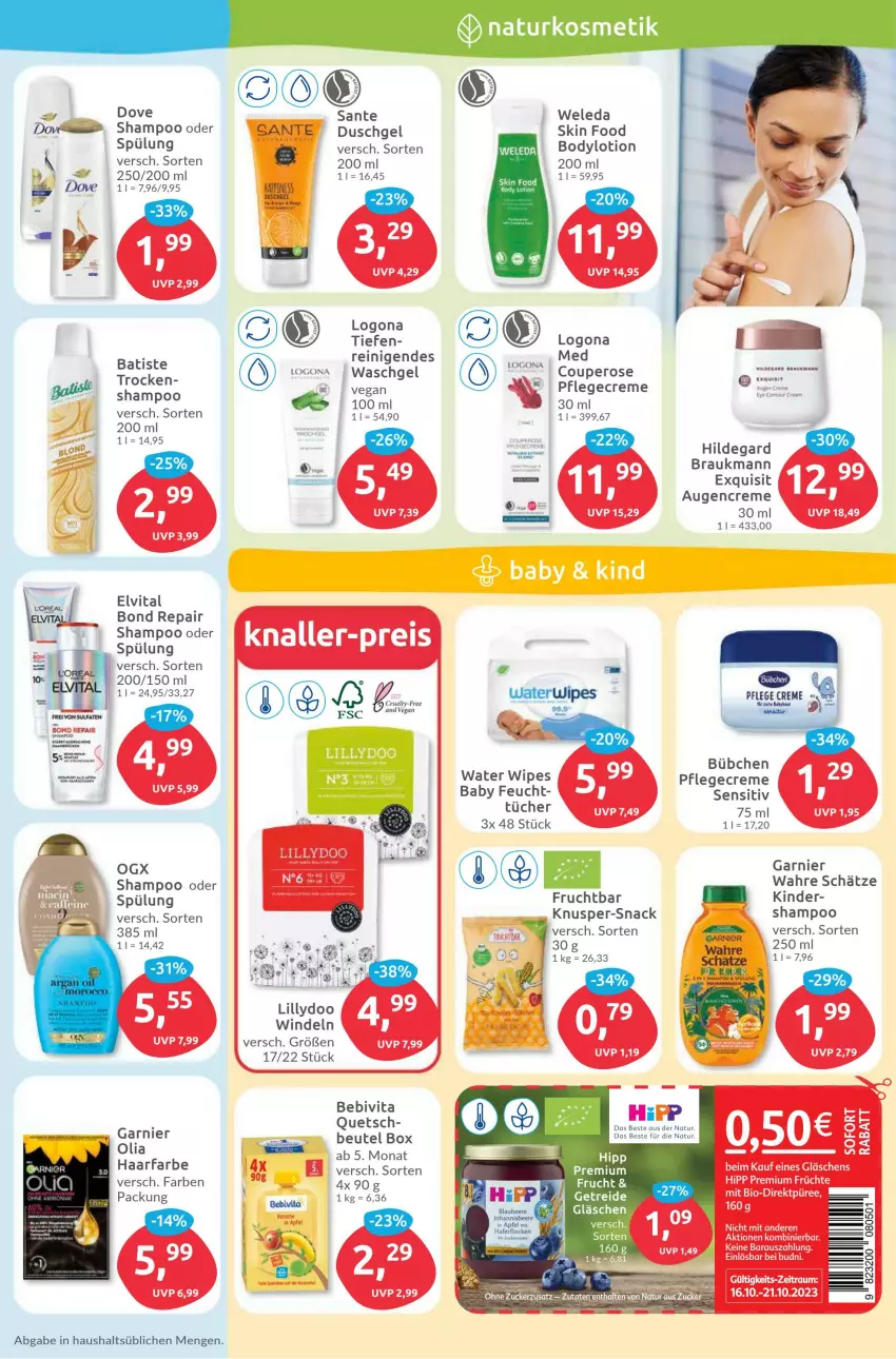 Aktueller Prospekt Budni - Prospekte - von 16.10 bis 21.10.2023 - strona 3 - produkty: apfel, bebivita, beere, beutel, bio, Blaubeer, blaubeere, body, bodylotion, bübchen, creme, dove, duschgel, elvital, frucht, früchte, garnier, hafer, haferflocken, hipp, Kinder, Lotion, natur, Pflegecreme, püree, shampoo, shampoo oder spülung, snack, spülung, Ti, tücher, vita, Wahre Schätze, waschgel, weleda, windeln