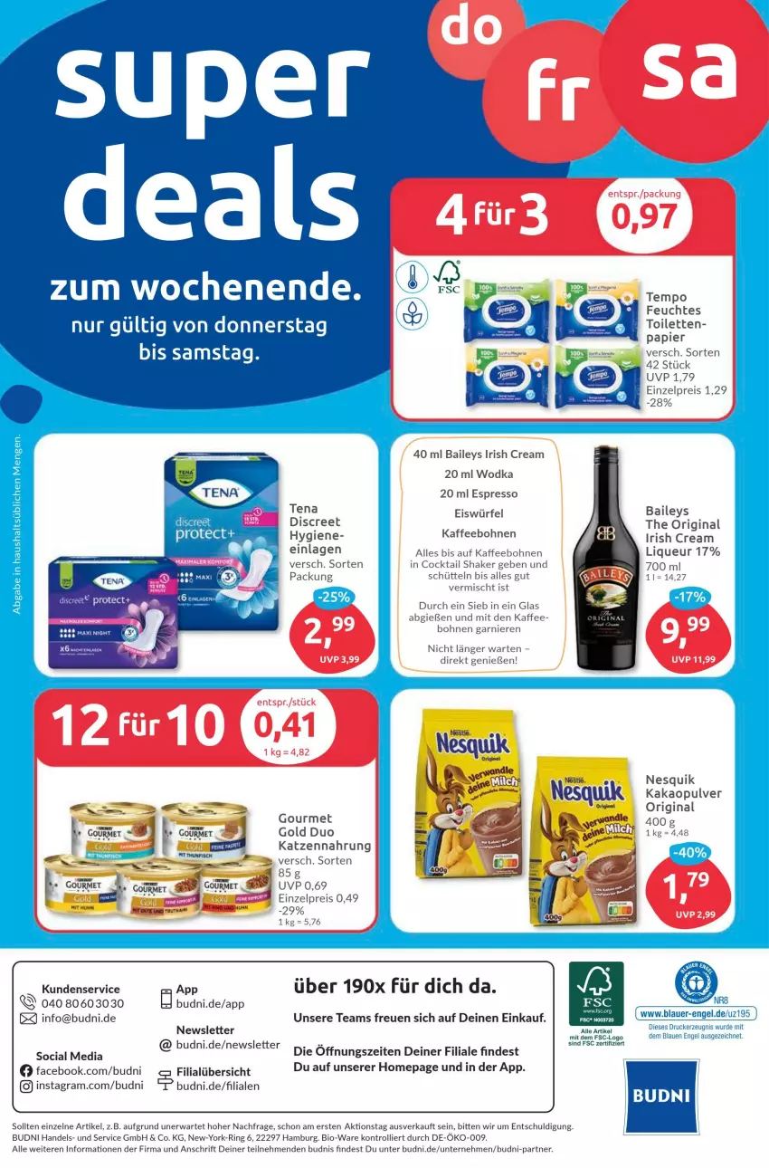 Aktueller Prospekt Budni - Prospekte - von 16.10 bis 21.10.2023 - strona 8 - produkty: auer, baileys, bio, bohne, bohnen, cocktail, Discreet, drucker, eis, eiswürfel, Engel, espresso, garnier, gin, irish cream, kaffee, kaffeebohnen, kakao, katzennahrung, kerze, liqueur, nesquik, Omep, papier, reis, ring, shake, tefal, Tempo, Ti, trolli, wodka, würfel, Yo