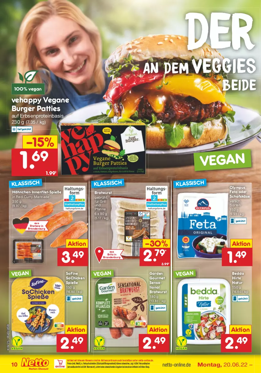 Aktueller Prospekt Netto Marken-Discount - Filial-Angebote - von 20.06 bis 25.06.2022 - strona 10 - produkty: bratwurst, burger, curry, eis, erbsen, feta, filet, für grill und pfanne, garden gourmet, grill, grill und pfanne, Käse, marinade, natur, ndk, pfanne, reis, schafskäse, Ti, und pfanne, veggie, versandkostenfrei, wurst