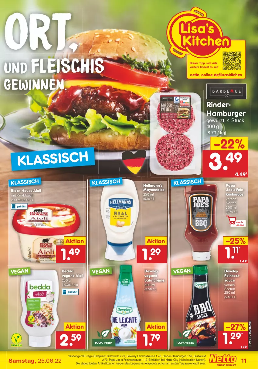 Aktueller Prospekt Netto Marken-Discount - Filial-Angebote - von 20.06 bis 25.06.2022 - strona 11 - produkty: aioli, angebot, bestpreis, bratwurst, burger, creme, develey, eis, feinkost, fleisch, gewürz, hamburger, knoblauch, mayonnaise, mit knoblauch, reis, rind, rinder, salat, salatcreme, sauce, Ti, wurst, Yo, ZTE