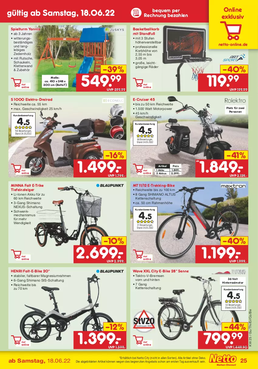 Aktueller Prospekt Netto Marken-Discount - Filial-Angebote - von 20.06 bis 25.06.2022 - strona 25 - produkty: akku, angebot, ball, Dreirad, E-Bike, eis, Elektro, elle, Holz, Kette, korb, magnesium, nexus, reis, Schal, Schaukel, shimano, Ti, ZTE